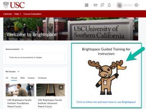 Screen shot of USC Brightspace landing page with the Brightspace Guided Training widget highlighted. 